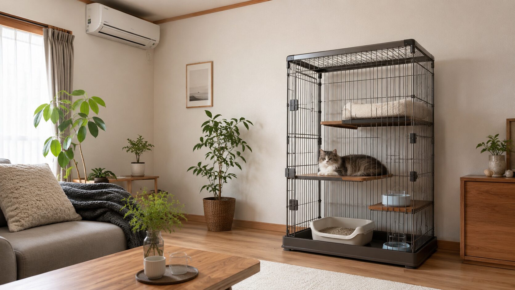 エアコンの直風を避けた静かな壁際に猫ケージを置き、猫が安心して休める安全な置き場所