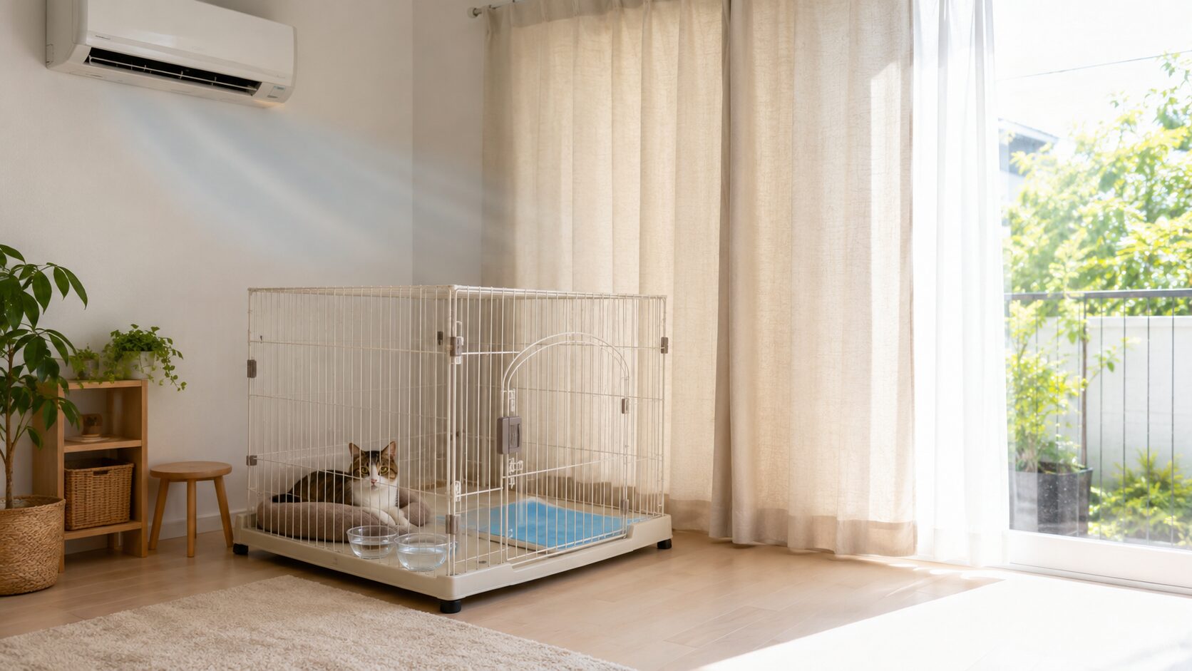 夏の留守番中に猫ケージへ直射日光と直風を避け、水と冷感マットを用意した暑さ対策