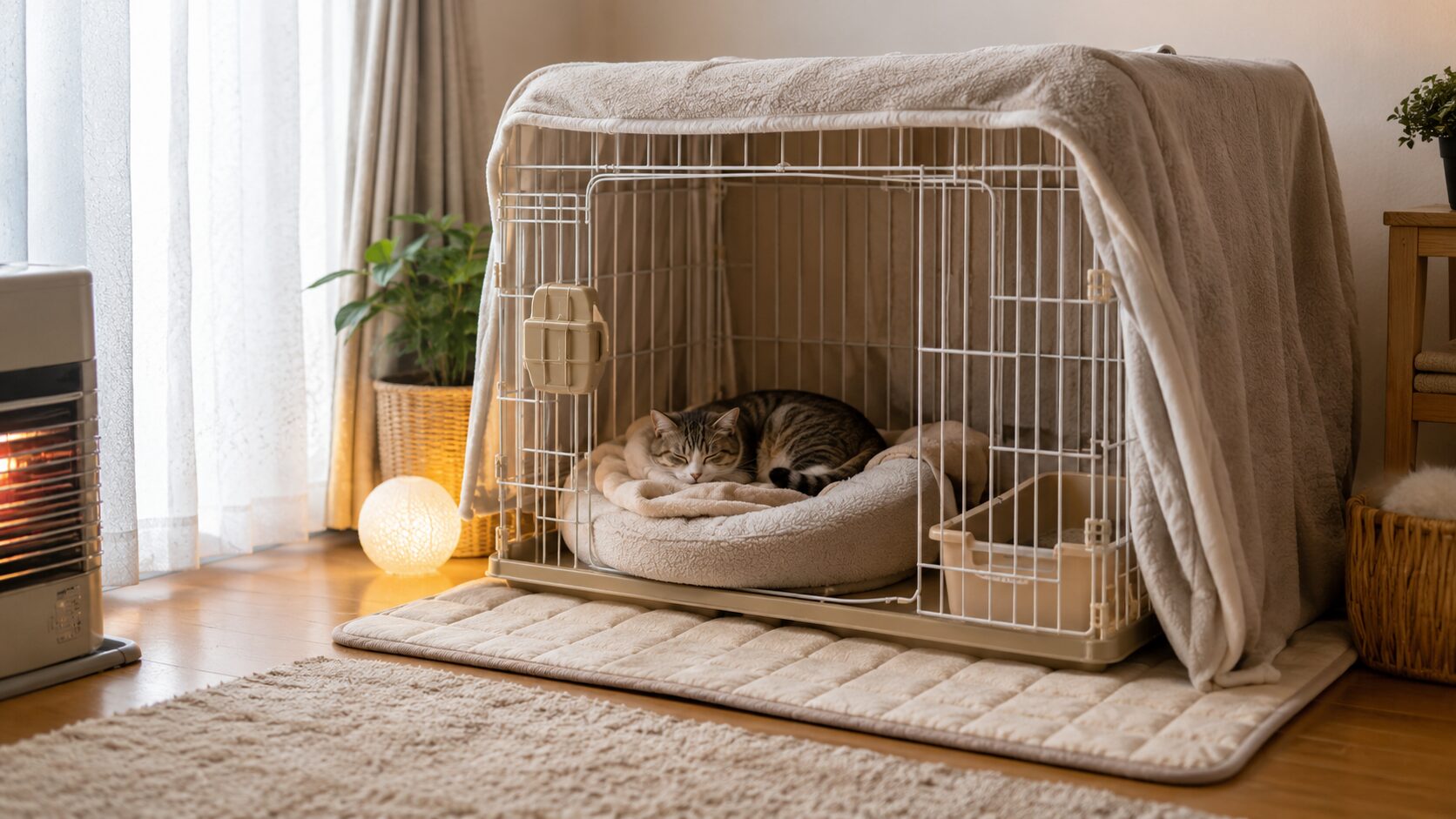 冬の猫ケージに断熱マットと毛布を使い、床からの冷えを防いで猫が暖かく休む様子